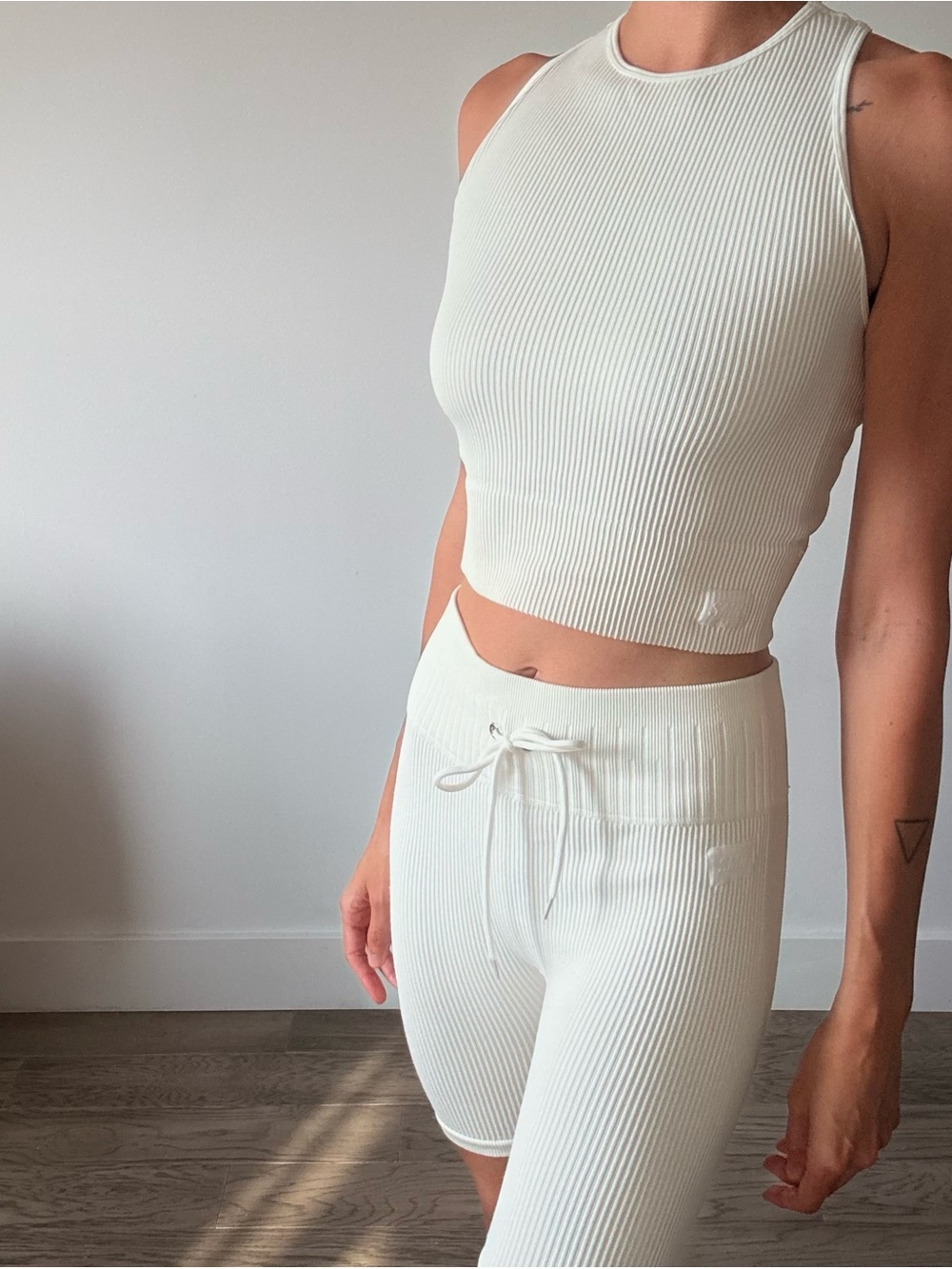 Ribbed Cream Knit Athletic Biker Shorts with Drawstring Waist and crop top set